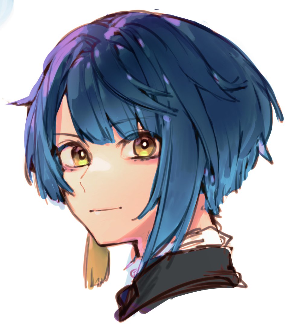 1boy blue_hair closed_mouth earrings genshin_impact jewelry looking_at_viewer male_focus mirin_chikuwa portrait short_hair simple_background single_earring solo tassel tassel_earrings white_background xingqiu_(genshin_impact) yellow_eyes