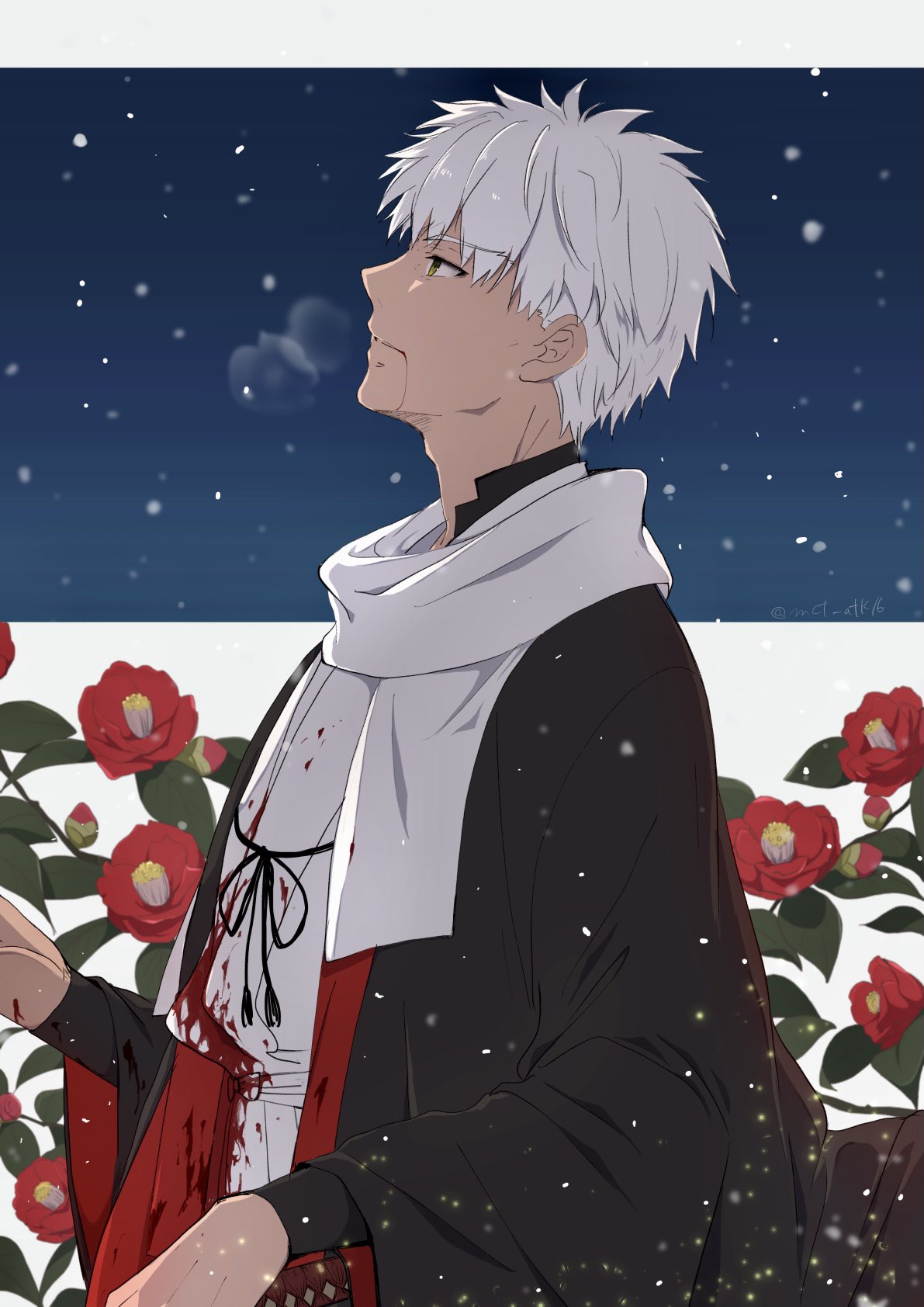 1boy bangs black_kimono blood blood_from_mouth blood_on_clothes breath dark-skinned_male dark_skin emiya_shirou fate/grand_order fate_(series) flower from_side highres japanese_clothes kimono looking_up male_focus mct scarf senji_muramasa_(fate) snow snowing solo twitter_username white_hair wide_sleeves yellow_eyes