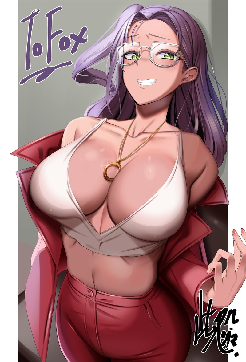 1girl bra breasts copyright_request cowboy_shot doko_tetora fingernails green_eyes grin jacket jacket_partially_removed jewelry large_breasts long_hair looking_at_viewer nail_polish navel necklace open_clothes open_jacket pants pink_nails purple_hair red_jacket red_pants smile solo underwear upper_body white_bra