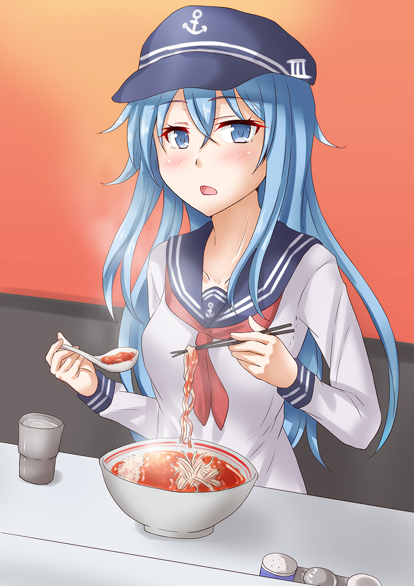 1girl anti_(untea9) blue_eyes blue_hair blue_headwear blue_sailor_collar blush bowl chopsticks commentary_request couch cup eating eyebrows_visible_through_hair food gradient gradient_background hair_between_eyes hat hibiki_(kancolle) highres holding kantai_collection long_sleeves looking_at_viewer neckerchief noodles open_mouth peaked_cap pepper_shaker ramen red_background red_neckerchief sailor_collar salt_shaker school_uniform serafuku sitting solo soup soy_sauce spoon uniform upper_body water
