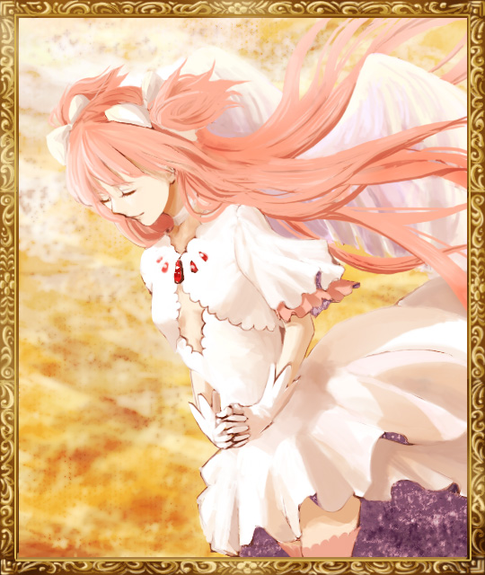 1girl angel_wings bangs blunt_bangs breasts choker cleavage_cutout closed_eyes closed_mouth clothing_cutout cowboy_shot dress dutch_angle eyelashes facing_away feathered_wings floating_hair framed gloves goddess_madoka gradient gradient_background hair_ribbon head_down interlocked_fingers kaname_madoka layered_dress layered_sleeves legs_together light_smile long_dress long_hair mahou_shoujo_madoka_magica own_hands_together picture_frame pink_hair pink_legwear ribbon roku_no_ji simple_background small_breasts solo thigh-highs two_side_up v_arms very_long_hair white_choker white_dress white_gloves white_ribbon white_wings wide_sleeves wings zettai_ryouiki