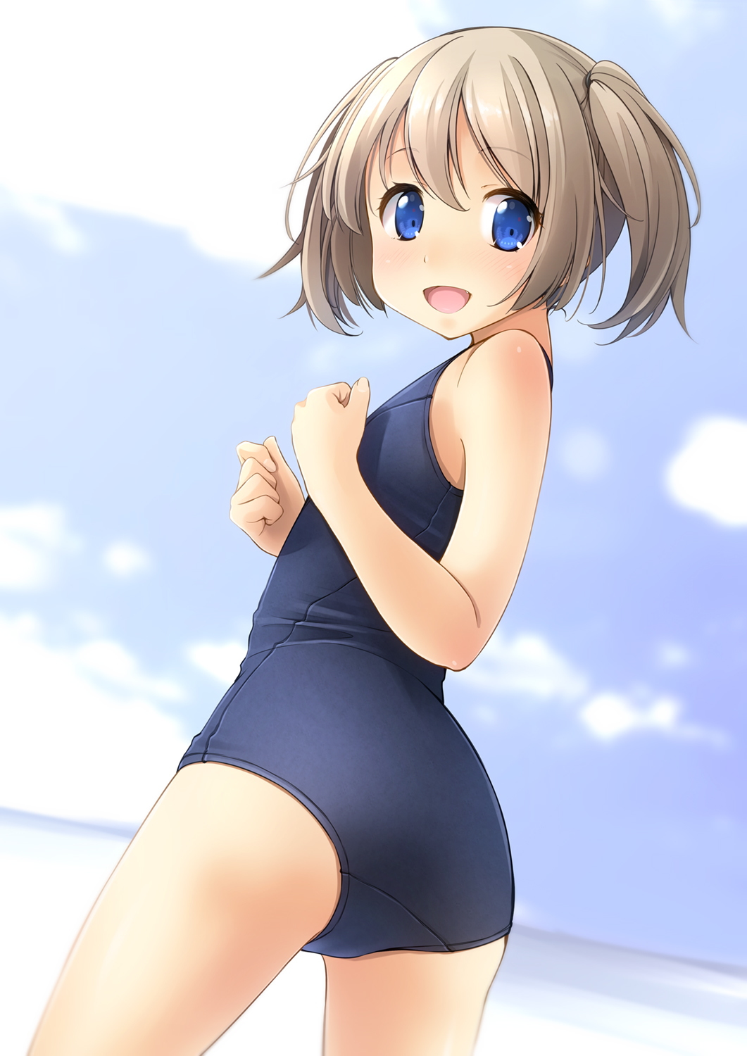 1girl :d ass bangs bare_arms bare_shoulders blue_eyes blue_sky blue_swimsuit blush brown_hair clouds commentary_request day eyebrows_visible_through_hair hair_between_eyes highres looking_at_viewer looking_back old_school_swimsuit one-piece_swimsuit original outdoors school_swimsuit shibacha sky smile solo standing swimsuit twintails