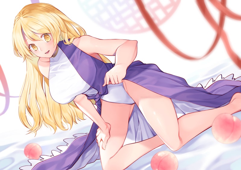 1girl bangs blonde_hair blush bodystocking breasts buttons commentary_request dress food frilled_dress frills fruit gold_trim hand_on_own_thigh kaede_(mmkeyy) kneeling large_breasts leotard long_hair looking_at_viewer peach purple_dress red_ribbon ribbon round_window shiny shiny_skin simple_background single_strap smile solo taut_leotard thighs touhou watatsuki_no_toyohime white_background white_leotard yellow_eyes