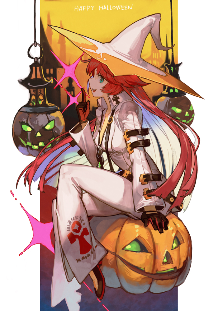 1girl ankh_necklace aria_(guilty_gear) bangs bodysuit breasts colored_inner_hair earrings gloves green_eyes guilty_gear guilty_gear_strive halloween hankuri hat index_finger_raised jack-o'-lantern jack-o'_valentine jewelry large_breasts long_hair long_sleeves looking_at_viewer multicolored_hair open_mouth pumpkin redhead sitting smile white_bodysuit white_hair white_headwear witch_hat