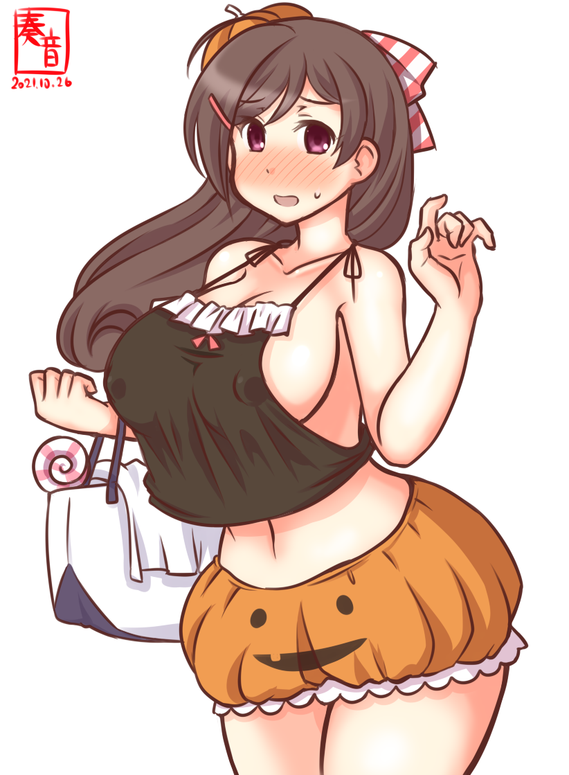 1girl artist_logo bag black_tank_top breasts brown_hair candy collarbone commentary_request cosplay covered_nipples cowboy_shot dated food hair_ornament hair_ribbon hairclip halloween halloween_costume jack-o'-lantern kanon_(kurogane_knights) kantai_collection large_breasts libeccio_(kancolle) libeccio_(kancolle)_(cosplay) lollipop long_hair mamiya_(kancolle) one-hour_drawing_challenge orange_skirt pumpkin_skirt red_eyes ribbon simple_background skirt solo tank_top white_background