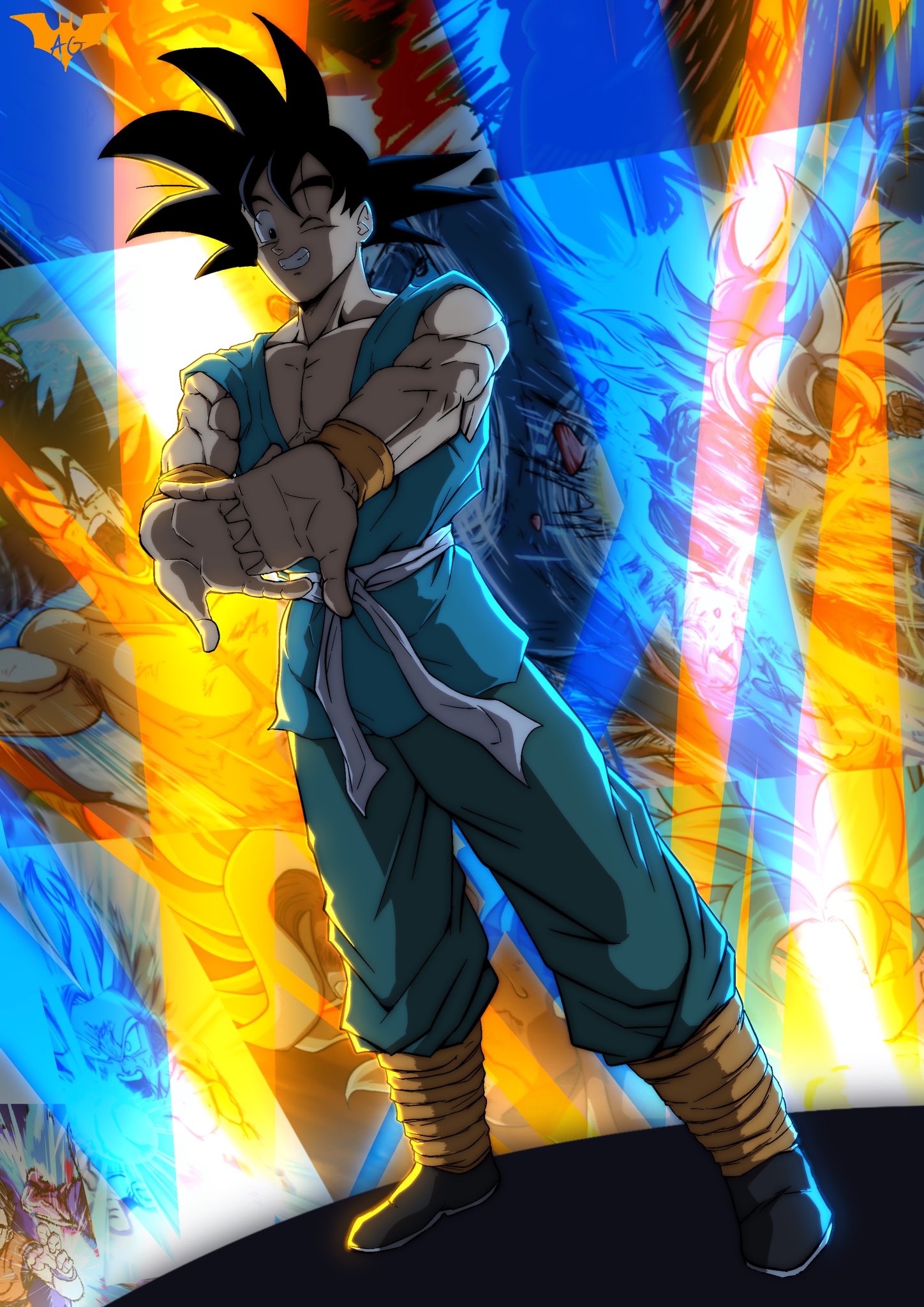 1boy batmandrewart black_eyes black_footwear black_hair blue_legwear blue_pants blue_shirt commentary cracking_knuckles dirty dirty_face dragon_ball dragon_ball_super dragon_ball_z eyebrows full_body grin highres kamehameha male_focus medium_hair nipples one_eye_closed own_hands_together pants shirt shoes short_hair shouting smile solo son_goku standing super_saiyan super_saiyan_blue teeth topless_male transformation ultra_instinct watermark white_hair