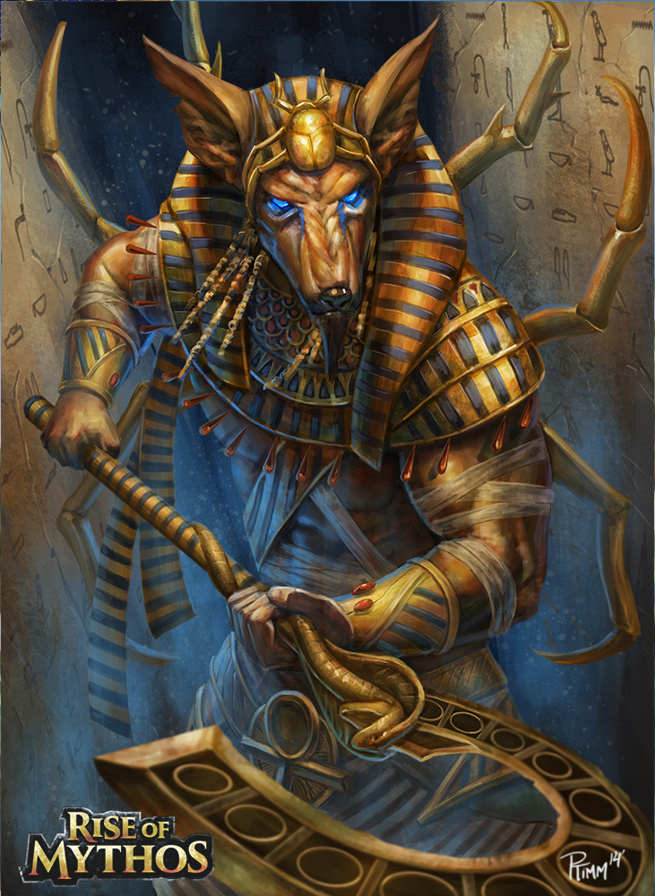 1other andy_timm animal_head anubis_(mythology) artist_name blue_eyes commentary copyright_name egyptian egyptian_clothes egyptian_mythology english_commentary glowing glowing_eyes holding holding_staff rise_of_mythos solo staff watermark
