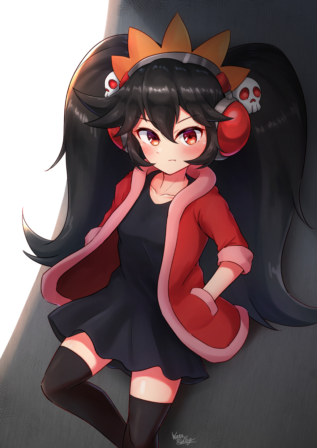 1girl alternate_costume ashley_(warioware) black_dress black_hair black_legwear blush coat crazy_galaxy dress frown hair_ornament hands_in_pockets headphones highres long_hair looking_at_viewer orange_headwear red_coat red_eyes skull_hair_ornament thigh-highs twintails very_long_hair wakaba_(wata_ridley) warioware