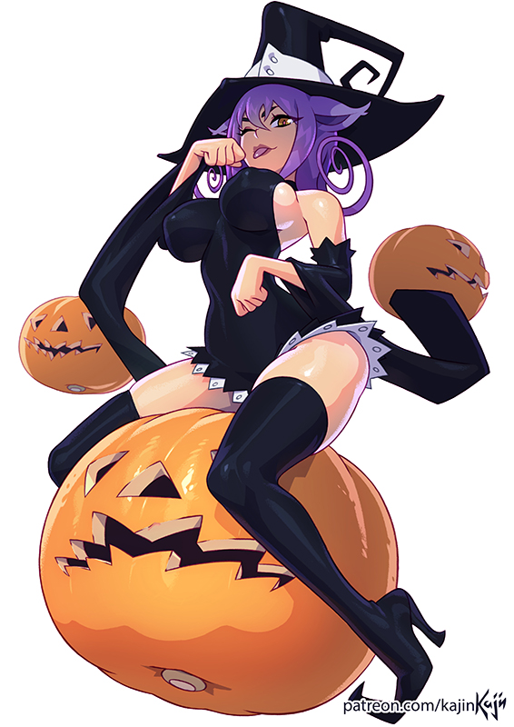 1girl ;p animal_ears blair_(soul_eater) boots breasts cat_ears detached_sleeves hat high_heels jack-o'-lantern kajin_(kajinman) large_breasts long_hair looking_at_viewer one_eye_closed paw_pose purple_hair solo soul_eater thigh-highs thigh_boots tongue tongue_out white_background witch_hat yellow_eyes