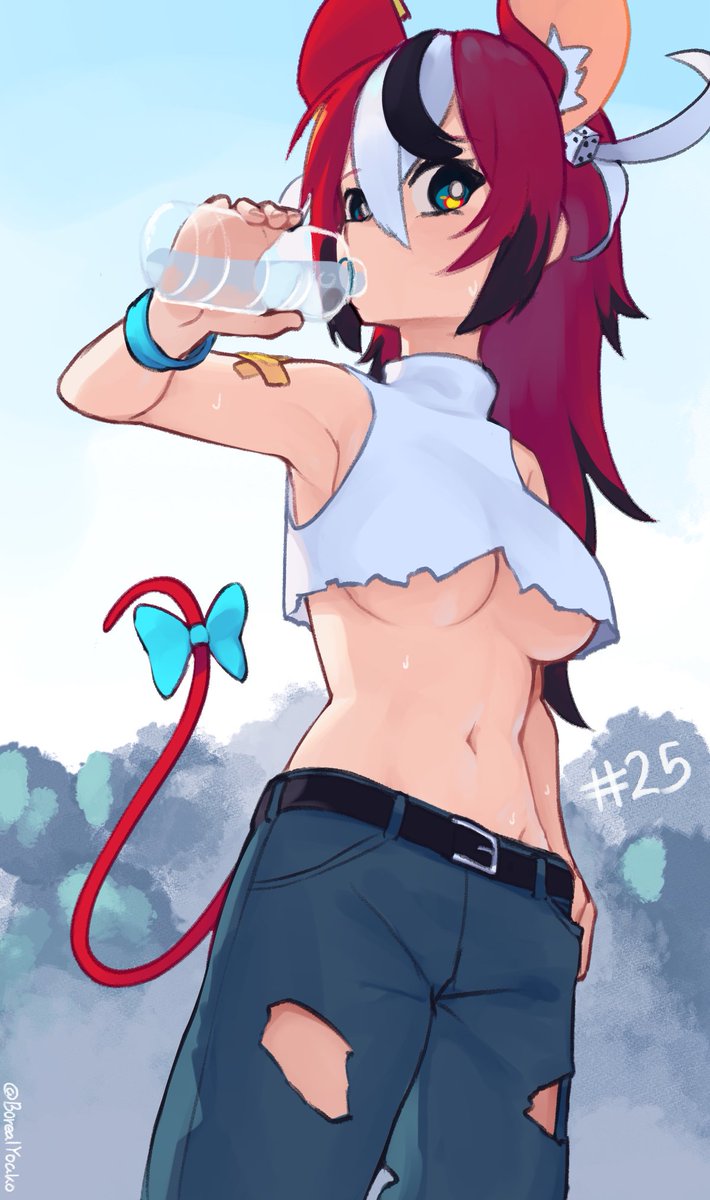 1girl animal_ear_fluff animal_ears armpits bandaid bandaid_on_arm bangs bare_arms belt black_hair blue_eyes blue_pants breasts commentary crop_top day dice_hair_ornament drinking english_commentary extra_ears hair_ornament hakos_baelz highres hololive hololive_english large_breasts midriff mouse_ears mouse_girl mouse_tail multicolored_hair navel outdoors pants plastic_bottle redhead shirt sleeveless sleeveless_shirt solo streaked_hair sweat tail torn_clothes torn_pants turtleneck twitter_username under_boob virtual_youtuber water white_hair white_shirt wristband yoako