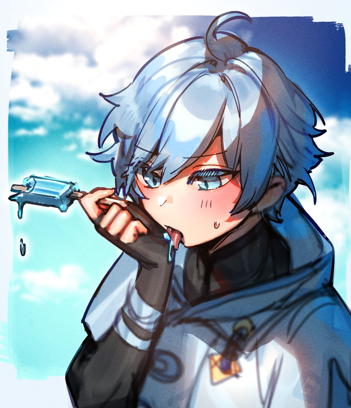 1boy ahoge blue_background blue_eyes blue_hair blue_sky border copyright_request day food highres holding licking licking_hand long_sleeves male_focus mirin_chikuwa outside_border popsicle sky solo tongue tongue_out upper_body white_border