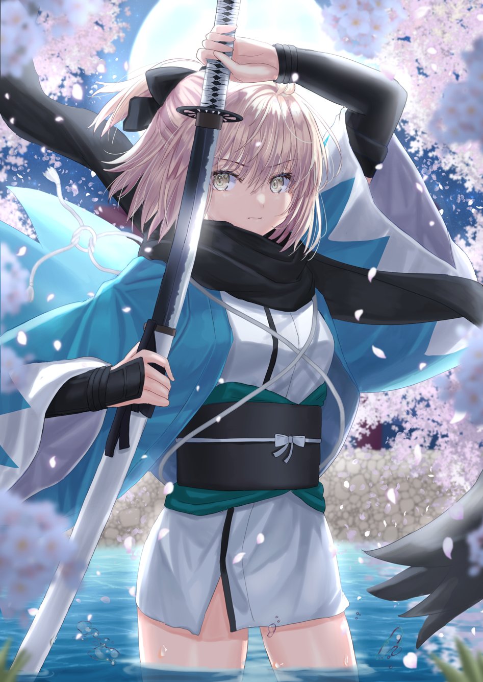 1girl ahoge arm_up bangs black_bow black_scarf black_sleeves blonde_hair bow cherry_blossoms commentary_request detached_sleeves eyebrows_visible_through_hair fate/grand_order fate_(series) flower green_eyes hair_between_eyes hair_bow half_updo haori highres holding holding_sheath holding_sword holding_weapon in_water japanese_clothes katana kimono koha-ace looking_at_viewer moon night night_sky obi okita_souji_(fate) okita_souji_(koha/ace) open_clothes outdoors partially_submerged petals pink_flower ponytail sakurasakimasu4 sash scarf serious sheath sheathed shinsengumi short_hair short_ponytail sky sleeveless sleeveless_kimono solo sword thighs water weapon white_kimono wide_sleeves