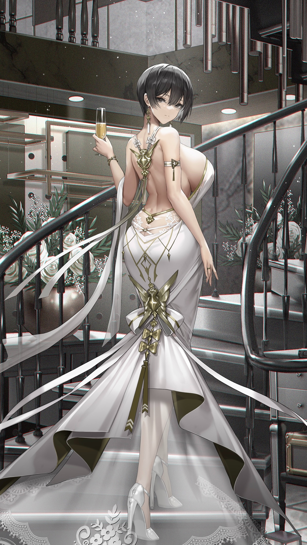 1girl alcohol ass backless_dress backless_outfit bare_back black_eyes black_hair breasts cup dai_(iron_saga) dress drinking_glass from_behind high_heels highres indoors iron_saga large_breasts long_dress looking_at_viewer looking_back official_art short_hair sideboob skindentation smile solo stairs turning_head white_dress white_footwear wine wine_glass zjsstc