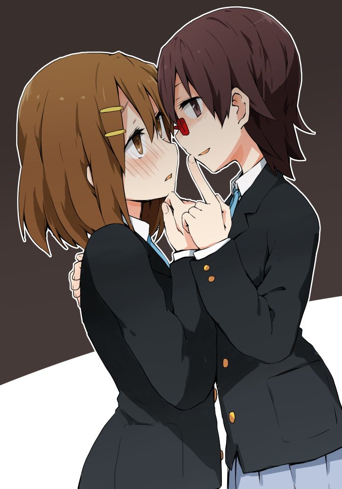 2girls blush brown_eyes brown_hair glasses hair_ornament hairclip hirasawa_yui k-on! kagiana looking_at_viewer manabe_nodoka multiple_girls open_mouth red-framed_eyewear school_uniform semi-rimless_eyewear short_hair simple_background skirt smile under-rim_eyewear yuri