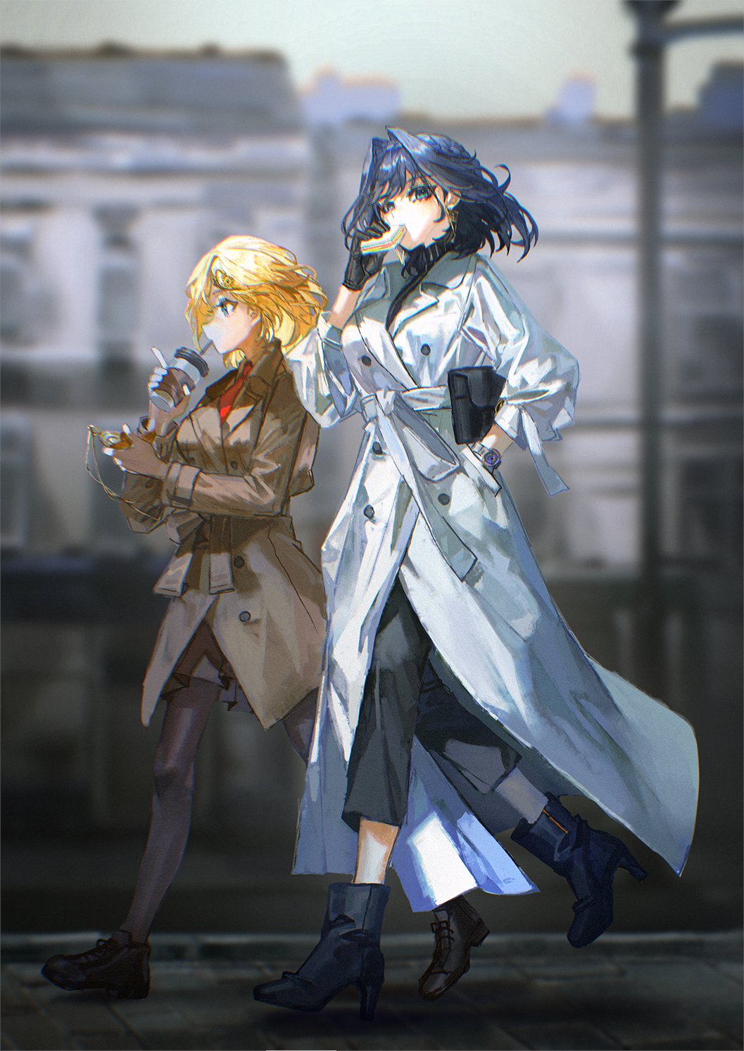 bangs blonde_hair blue_eyes blue_hair boots coat cup disposable_cup earrings eating food hair_ornament high_heel_boots high_heels highres hololive hololive_english jacket jewelry monocle_hair_ornament multiple_girls ouro_kronii overcoat pantyhose pocket_watch quasarcake road sandwich short_hair skirt street trench_coat virtual_youtuber walking watch watson_amelia