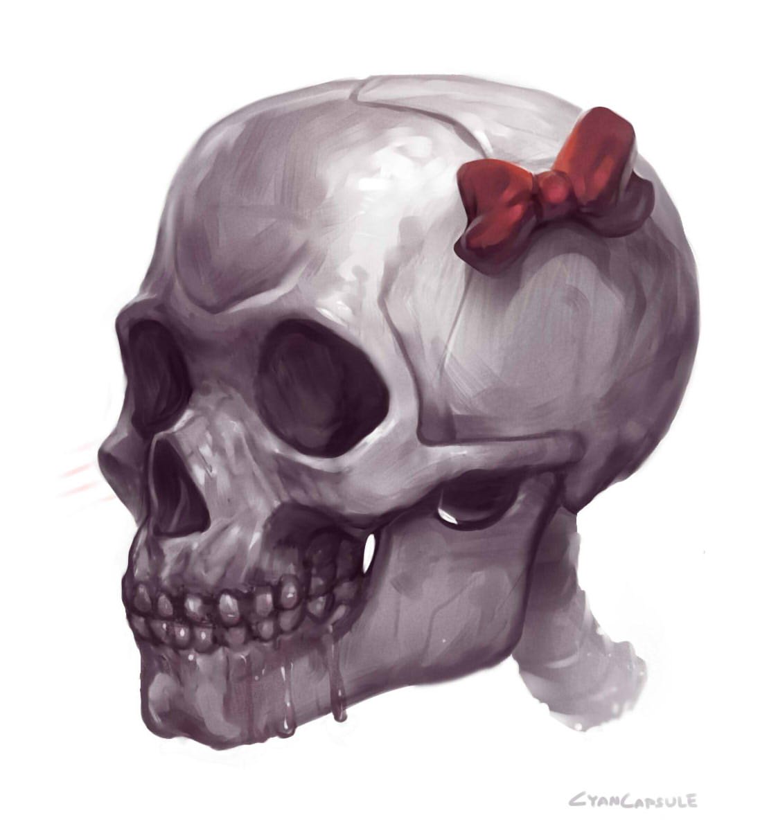 1other artist_name blush bow commentary cyancapsule drooling english_commentary hair_bow original portrait red_bow saliva simple_background skeleton skull solo white_background