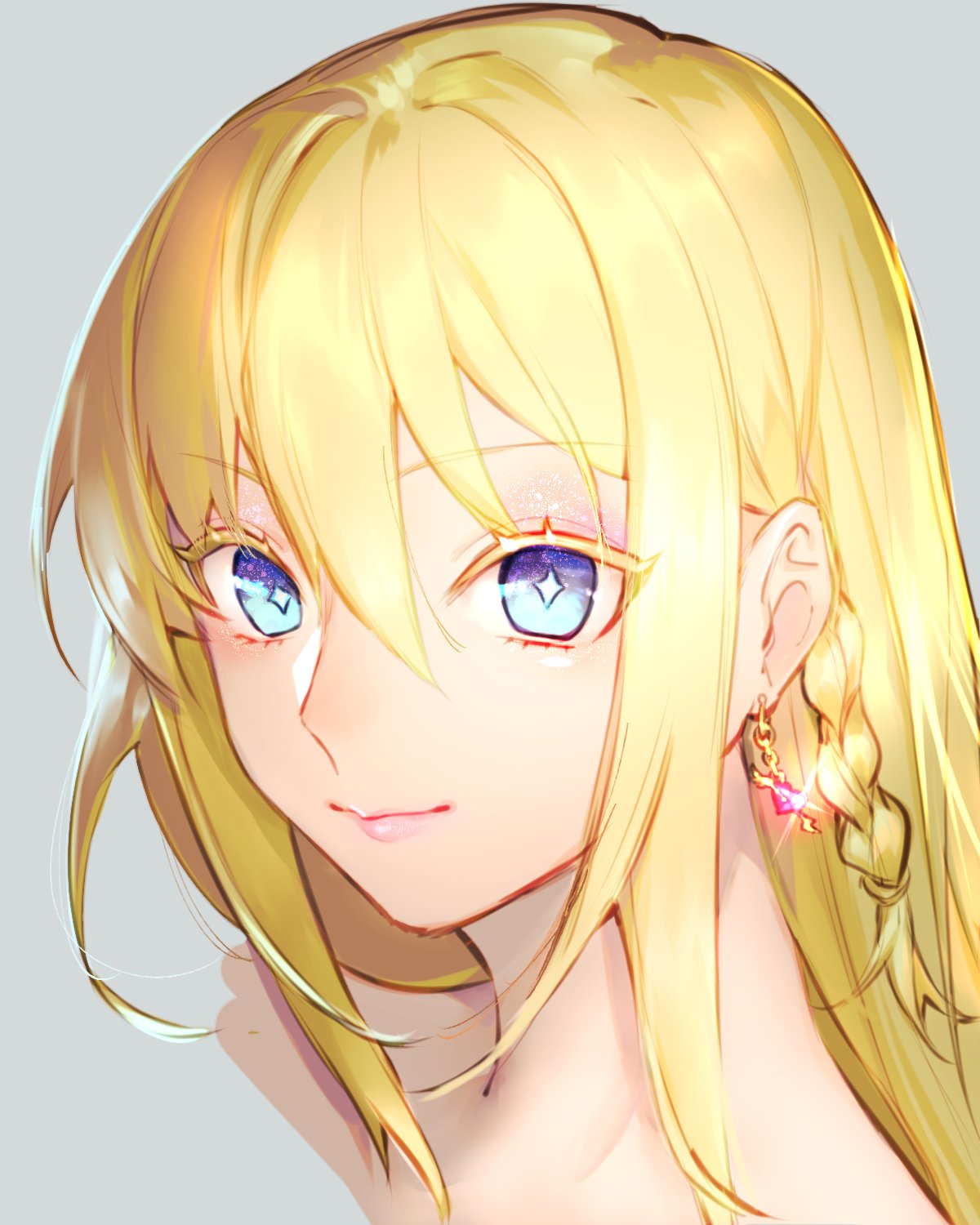 +_+ 1girl blonde_hair blue_eyes braid closed_mouth completely_nude copyright_request earrings grey_background hair_between_eyes heart heart_earrings highres jewelry lipstick looking_at_viewer makeup mirin_chikuwa nude pink_lips portrait simple_background smile solo