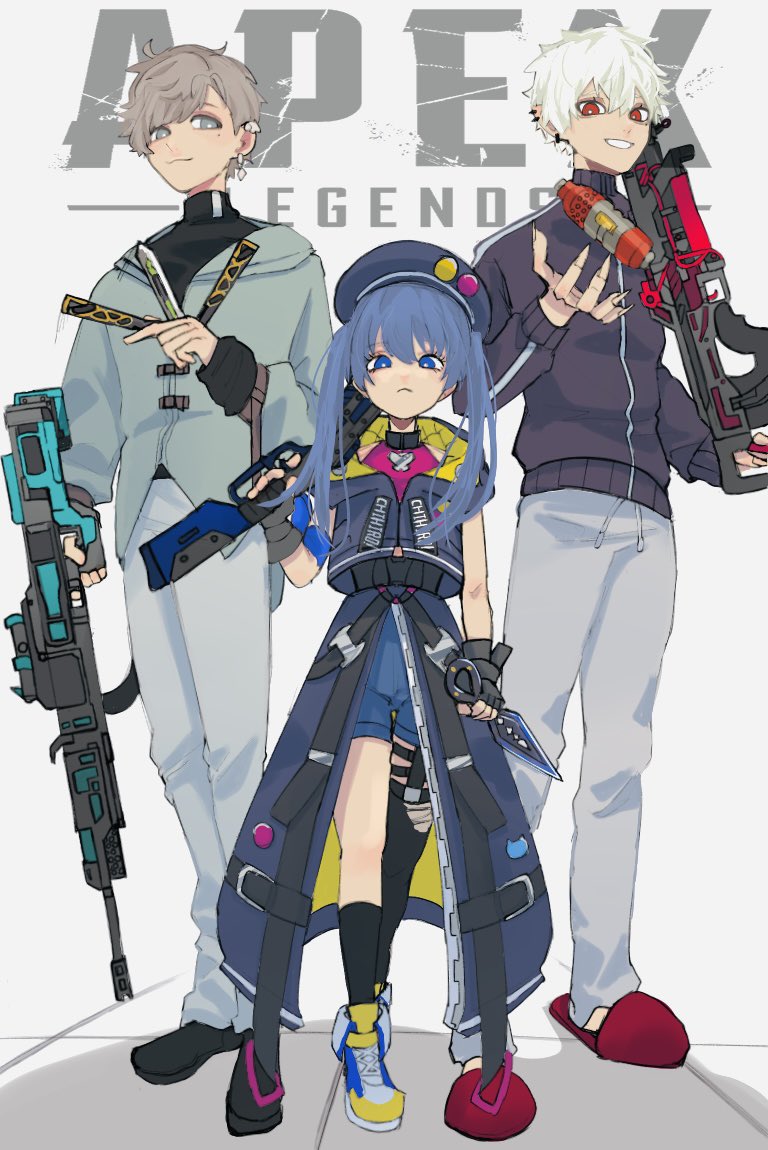 1girl 2boys apex_legends assault_rifle bangs beret black_headwear black_jacket blue_eyes blue_hair blue_shorts blue_skirt brown_hair explosive eyebrows_behind_hair frown grenade grey_eyes grey_pants gun hat holding holding_gun holding_knife holding_weapon hood hooded_jacket i_san_derodero jacket kanae_(nijisanji) knife kraber kukri kunai kuzuha_(nijisanji) multiple_boys nijisanji pants peacekeeper_(shotgun) red_eyes red_footwear rifle scope shoes shorts shotgun single_thighhigh skirt sleeveless sleeveless_jacket slippers smile sneakers sniper_rifle thermite_grenade thigh-highs thigh_strap twintails v-shaped_eyebrows virtual_youtuber vk-47_flatline weapon white_hair wraith's_kunai yuuki_chihiro