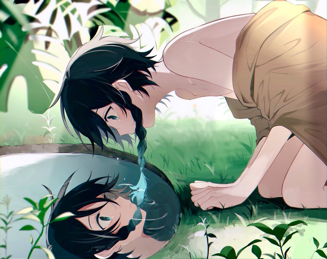 1boy androgynous bangs black_hair blue_hair braid brown_cloak cloak commentary_request from_side genshin_impact gradient_hair grass green_eyes leaf looking_down male_focus monstera_deliciosa multicolored_hair open_mouth pool reflection reflective_water revision ripples short_hair_with_long_locks solo twin_braids venti_(genshin_impact) water yoko_(nz_g)