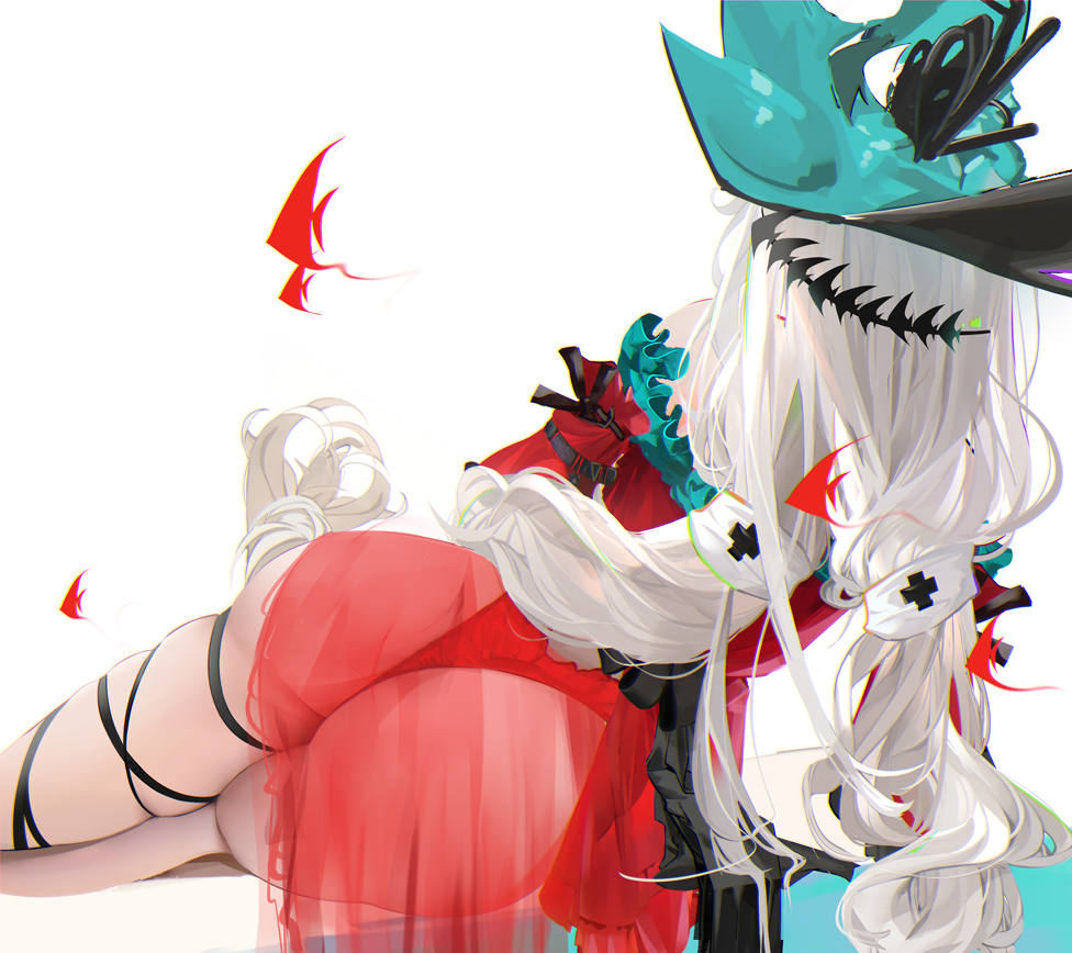 aqua_gloves aqua_headwear arknights ass butt_crack clothing_cutout dress from_behind gloves leg_ribbon long_hair low-tied_long_hair lying official_alternate_costume omone_hokoma_agm on_side orca_hair_ornament red_dress red_skirt ribbon see-through see-through_skirt silver_hair skadi_(arknights) skindentation skirt thick_thighs thigh_cutout thigh_strap thighs white_background
