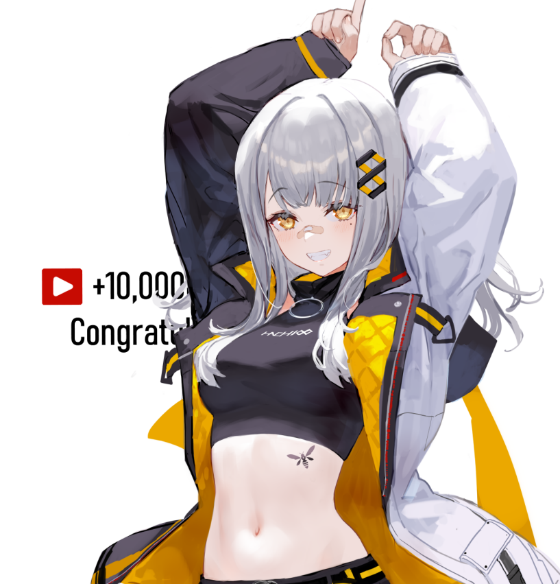 1girl arms_up bandaid bandaid_on_nose black_shirt breasts crop_top grey_hair grin hachi_(live_union) hair_ornament hairclip izumi_sai jacket live_union long_hair long_sleeves looking_at_viewer medium_breasts midriff milestone_celebration mole mole_under_eye multicolored_clothes multicolored_jacket navel open_clothes open_jacket shirt sleeveless sleeveless_shirt sleeveless_turtleneck smile solo stomach tattoo turtleneck two-tone_jacket upper_body virtual_youtuber yellow_eyes