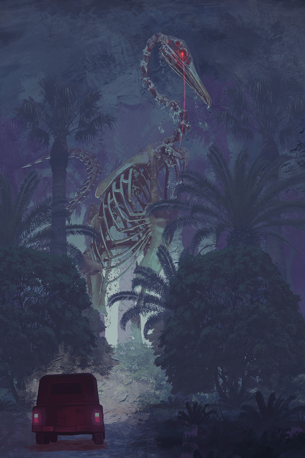 bone car creature forest glowing glowing_eyes ground_vehicle highres monster motor_vehicle nature night original palm_tree palms skeleton toy(e) tree yuugai_choujuu