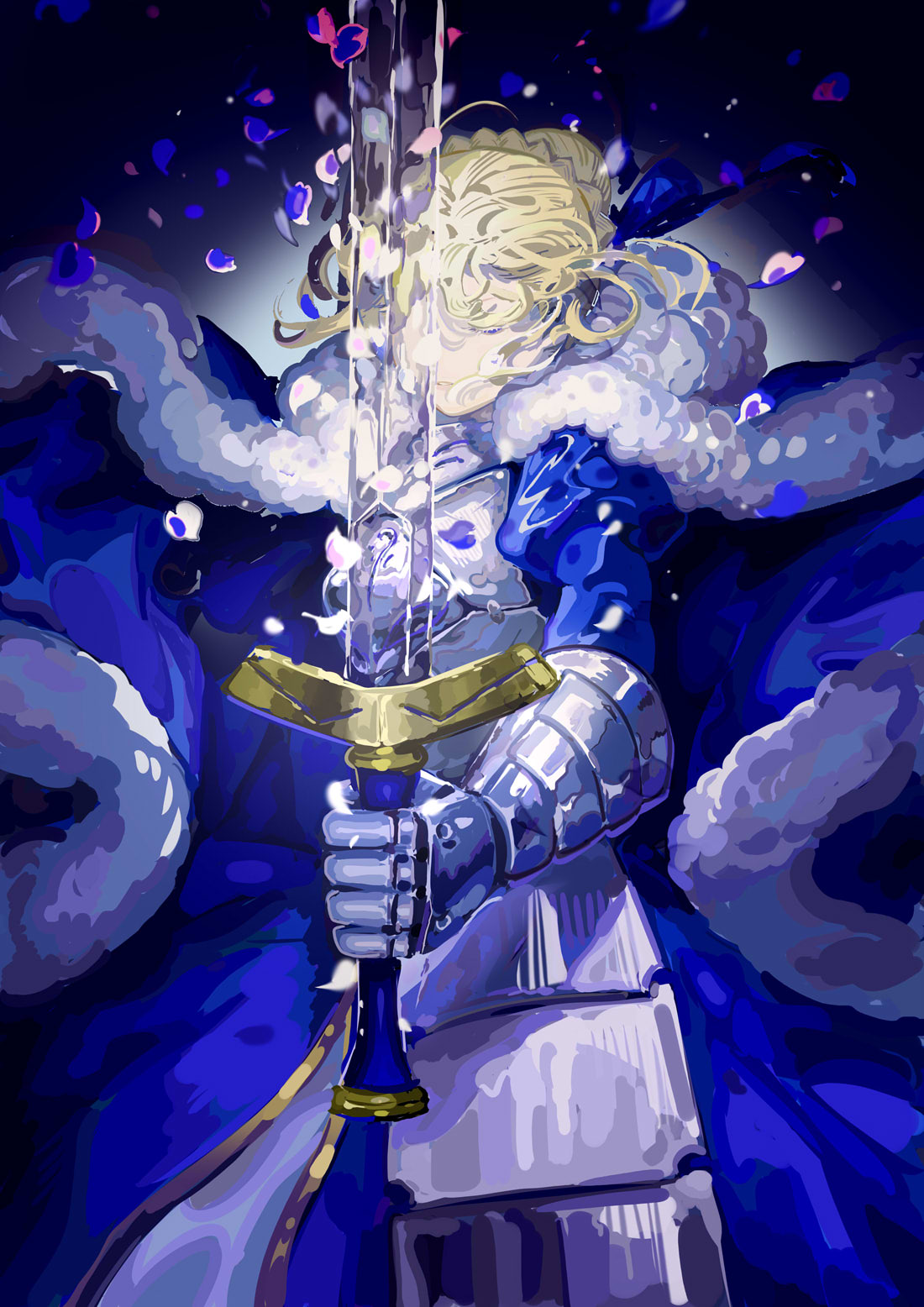 1girl ahoge armor armored_dress artoria_pendragon_(fate) black_background blonde_hair blue_cape blue_ribbon braid breastplate cape closed_eyes crown_braid excalibur_(fate/stay_night) fate/grand_order fate/stay_night fate_(series) french_braid fur-trimmed_cape fur_trim gauntlets highres invisible_air_(fate) juliet_sleeves koby long_sleeves painterly puffy_sleeves ribbon short_hair