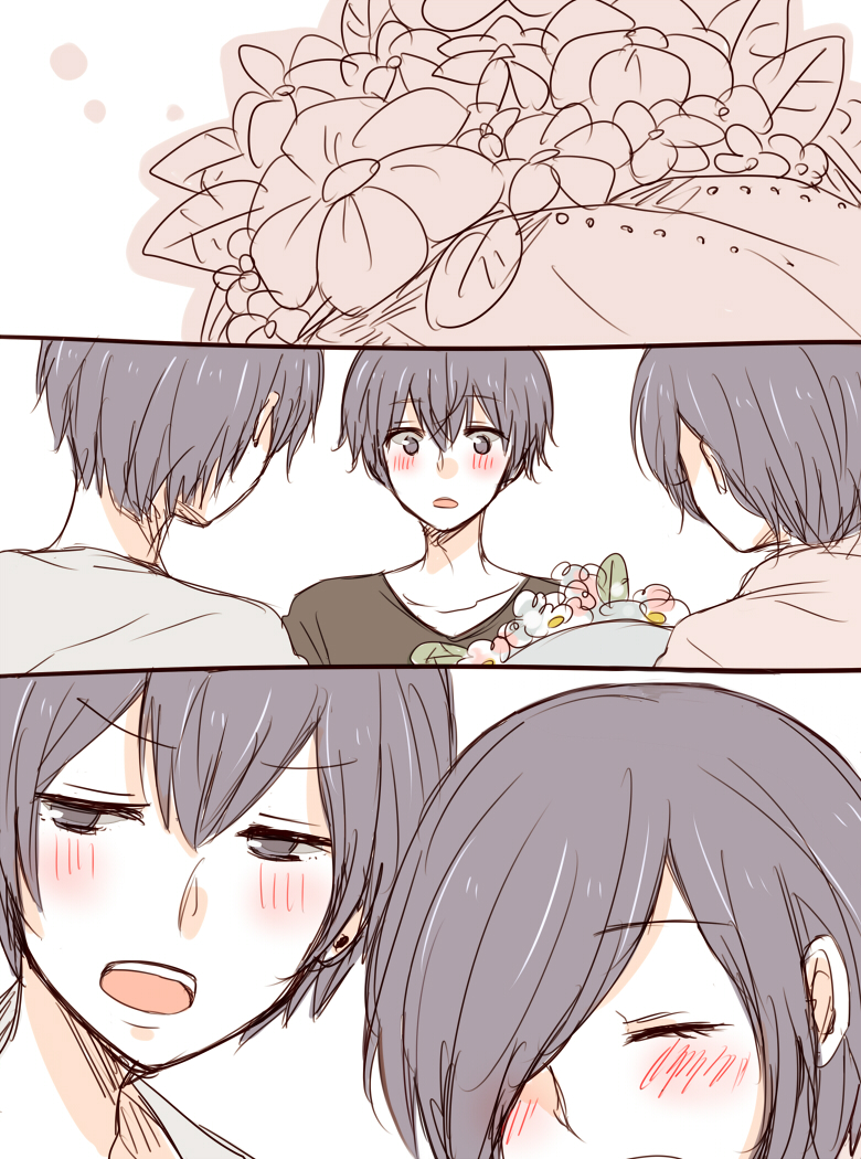 1girl 2boys :o bangs blush bouquet brother_and_sister brown_shirt closed_eyes collarbone commentary_request eyebrows_visible_through_hair family father_and_daughter father_and_son flower hair_over_one_eye holding holding_bouquet kirishima_arata kirishima_ayato kirishima_touka multiple_boys shirt short_hair siblings simple_background teeth tokyo_ghoul toukaairab upper_teeth white_background