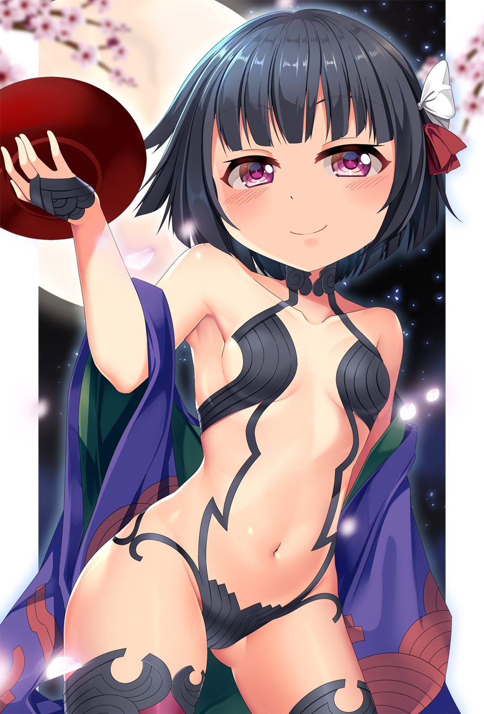 1girl armpits ass_visible_through_thighs bangs bare_shoulders bikini black_bikini black_hair black_legwear blunt_bangs blush breasts bridal_gauntlets cherry_blossoms closed_mouth collarbone commentary_request cosplay cowboy_shot cup eyebrows_visible_through_hair falling_petals fate/grand_order fate_(series) full_moon groin hair_ribbon hand_up highres holding holding_cup ishigaki_(kancolle) japanese_clothes kantai_collection kimono looking_at_viewer moon navel off_shoulder open_clothes open_kimono petals purple_kimono red_ribbon revealing_clothes ribbon sakazuki short_hair shuten_douji_(fate) shuten_douji_(fate)_(cosplay) sidelocks sky small_breasts smile solo standing star_(sky) starry_sky stomach swimsuit thigh-highs violet_eyes white_ribbon yasume_yukito