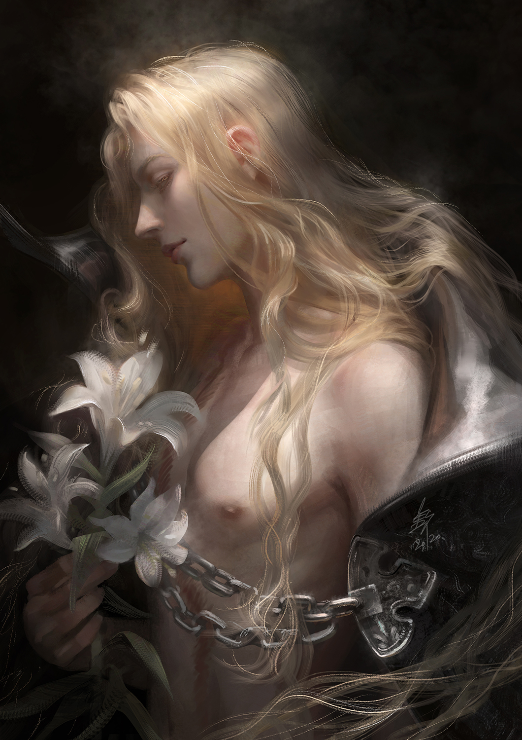 1boy alucard_(castlevania) blonde_hair castlevania chain flower highres long_hair looking_to_the_side male_focus profile spearthymint wavy_hair white_flower