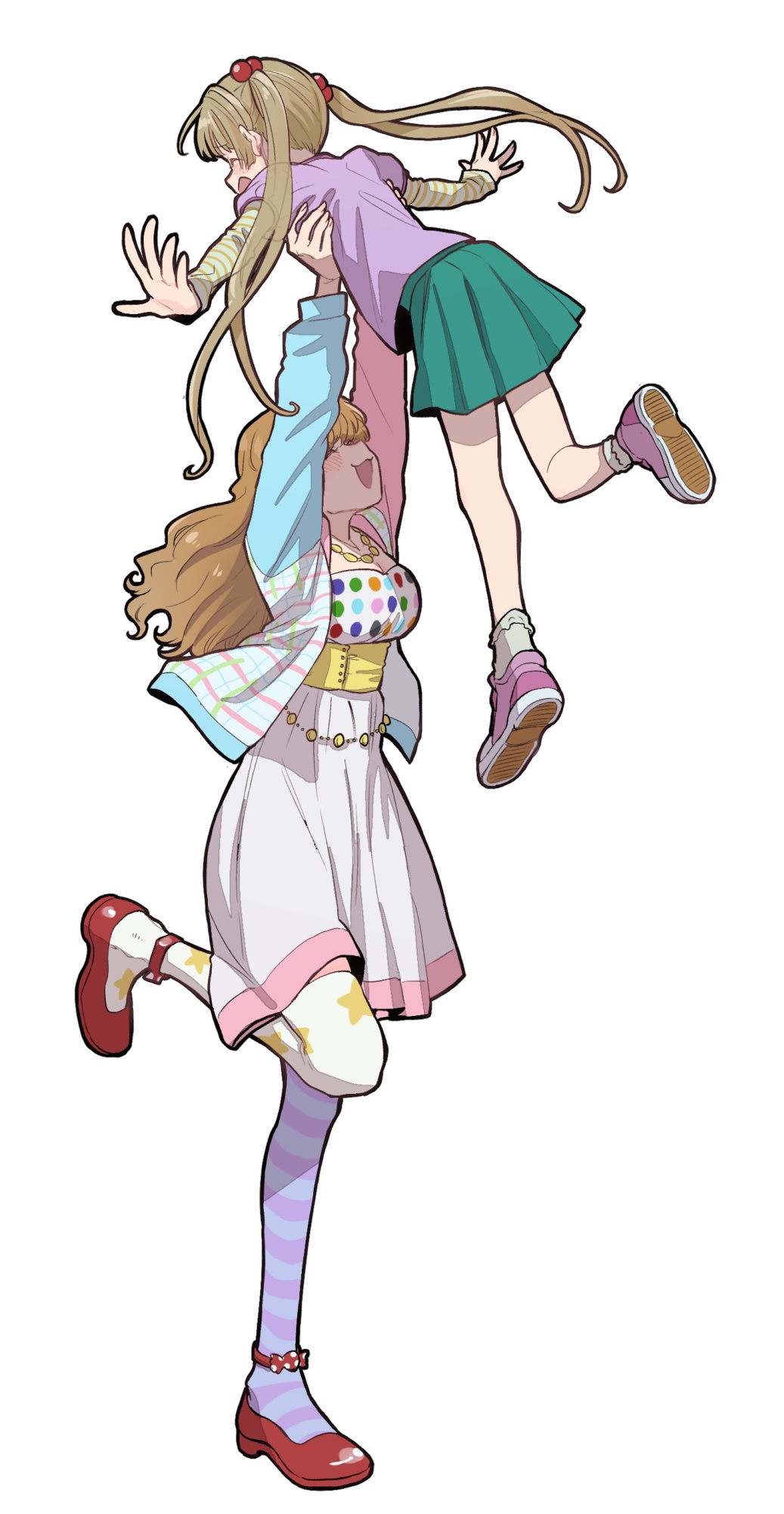 2girls asymmetrical_legwear brown_hair closed_eyes commentary_request dress green_skirt hair_bobbles hair_ornament height_difference highres idolmaster idolmaster_cinderella_girls jewelry kyouno lifting_person long_hair miniskirt mismatched_legwear moroboshi_kirari multiple_girls necklace open_mouth puffy_short_sleeves puffy_sleeves short_dress short_sleeves skirt striped striped_legwear thigh-highs twintails white_background yokoyama_chika