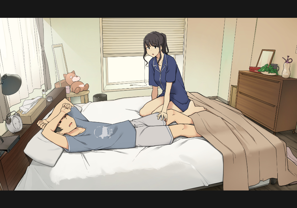 1boy 1girl bed bed_sheet bedroom black_hair blue_pajamas blue_shirt clock commentary_request indoors lamp letterboxed looking_at_another lying on_back on_bed original pajamas pillow ponytail shirt short_hair stuffed_animal stuffed_toy teddy_bear wakamatsu372