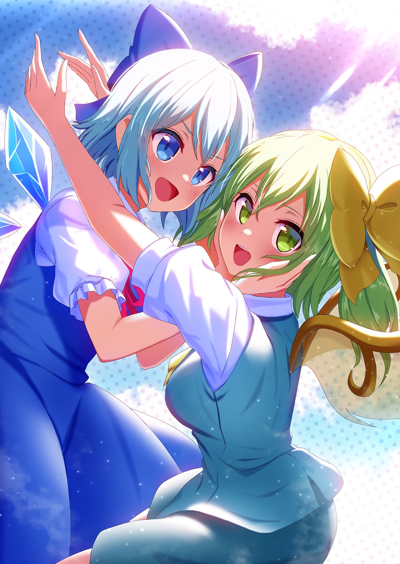 2girls bangs blue_bow blue_dress blue_eyes blue_hair bow breasts cirno collared_shirt daiyousei dress fairy_wings flat_chest green_eyes green_hair hair_bow hair_ribbon hands_on_another's_face highres ice ice_wings long_dress medium_breasts medium_skirt mikomiko_(mikomikosu) multiple_girls neck_ribbon pinafore_dress ponytail puffy_short_sleeves puffy_sleeves red_neckwear ribbon shirt short_hair short_sleeves skirt small_breasts touhou white_shirt wings yellow_bow yellow_neckwear yellow_ribbon