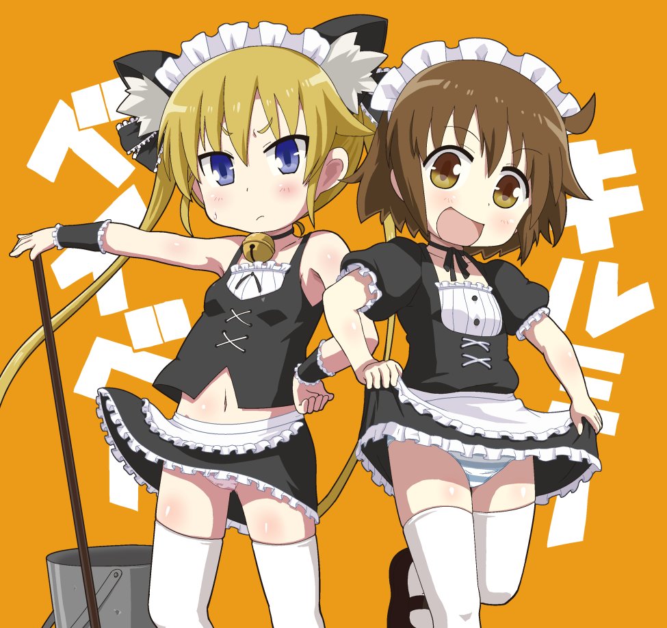 2girls ahoge alternate_costume apron black_shirt black_skirt blonde_hair blue_eyes brown_eyes brown_hair bucket commentary_request copyright_name cowboy_shot enmaided frilled_apron frilled_shirt frilled_skirt frills hair_ribbon ki_(adotadot) kill_me_baby long_hair looking_at_viewer maid maid_headdress mop multiple_girls orange_background oribe_yasuna panties ribbon shirt shoes short_hair simple_background skirt sleeveless sleeveless_shirt sonya_(kill_me_baby) striped striped_panties thigh-highs underwear waist_apron white_apron white_legwear