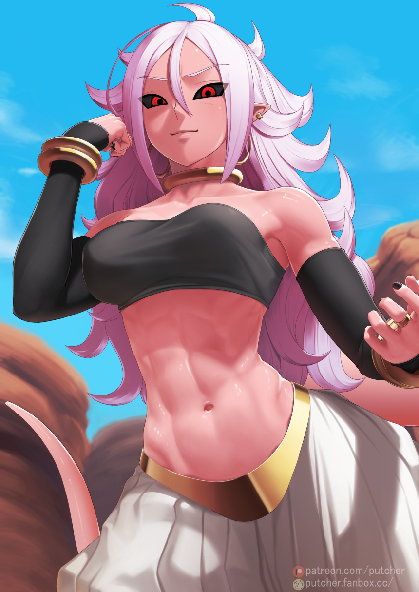 1girl abs android_21 bandeau black_sclera blue_sky breasts closed_mouth clouds colored_sclera colored_skin commentary_request day dragon_ball dragon_ball_fighterz hair_between_eyes highres long_hair looking_at_viewer majin_android_21 medium_breasts midriff navel patreon_username pink_skin pointy_ears putcher red_eyes sky smile solo strapless tail tube_top