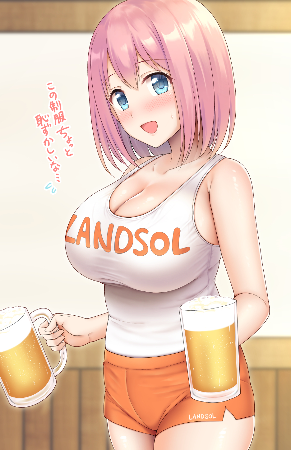 1girl alcohol bangs bare_shoulders beer blue_eyes blurry blurry_background blush breasts clothes_writing collarbone commentary cowboy_shot cup eyebrows_visible_through_hair foreshortening highres holding hooters indoors open_mouth orange_shorts pink_hair princess_connect! shiny shiny_skin short_shorts shorts solo sweatdrop tank_top translated white_tank_top wooden_wall yue_(show-ei) yui_(princess_connect!)