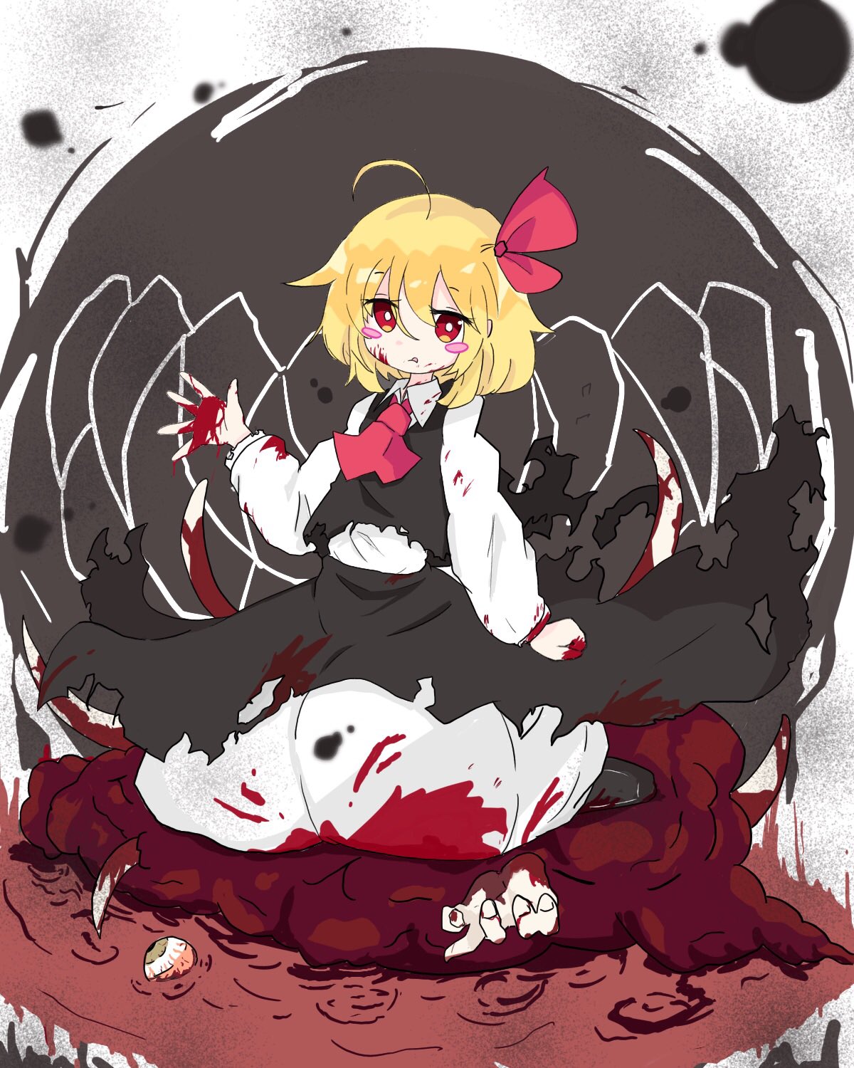 :q ahoge arm_up bangs black_skirt black_vest blonde_hair blood blood_on_clothes blood_on_face blood_on_hands blush blush_stickers bow collared_shirt commentary_request disembodied_limb eyeball gradient gradient_background guro hair_bow highres long_sleeves looking_at_viewer pool_of_blood red_bow red_eyes red_neckwear rumia shirt sitting skirt tatutaniyuuto tongue tongue_out torn_clothes touhou vest white_background white_shirt wing_collar youkai