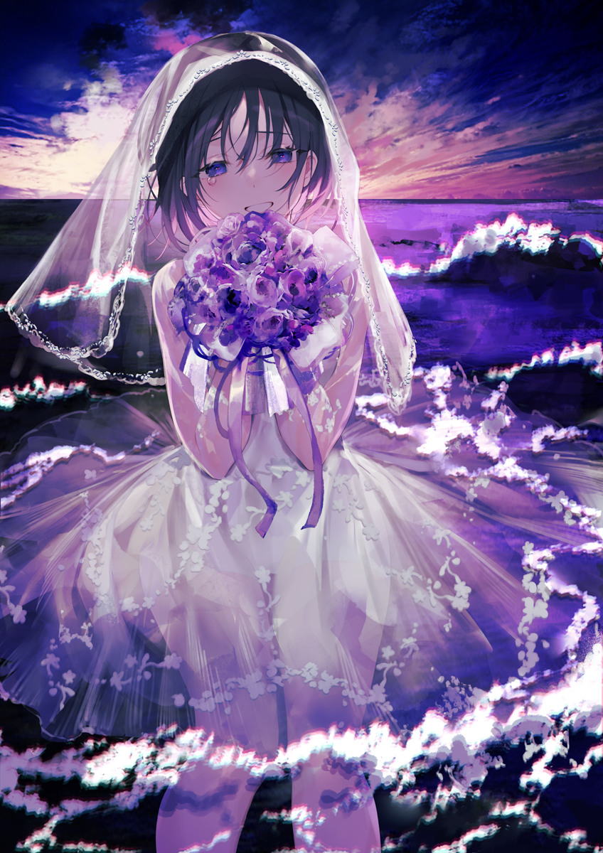 1girl achiki black_hair blush bouquet bridal_veil clouds commentary_request dress dutch_angle flower grin hands_up highres holding holding_bouquet horizon looking_at_viewer ocean original outdoors purple_ribbon ribbon rose see-through see-through_sleeves short_hair smile solo veil wading water wedding_dress white_dress