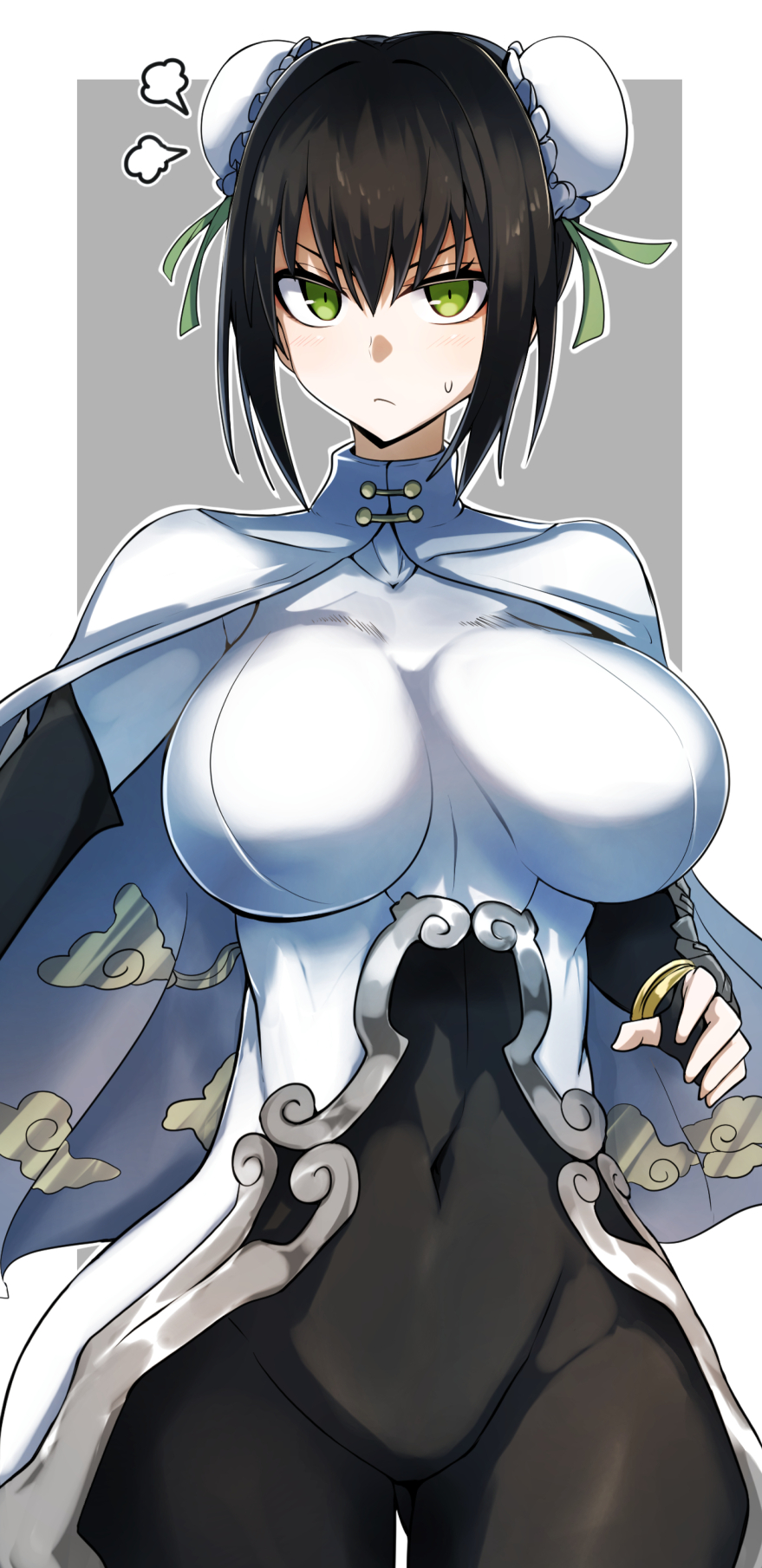 1girl arm_guards bangs black_bodysuit black_gloves black_hair bodysuit breasts bun_cover covered_navel double_bun elbow_gloves fate/grand_order fate_(series) fingerless_gloves gin_moku gloves green_eyes green_ribbon hair_ribbon highres jewelry large_breasts looking_at_viewer neck_ring qin_liangyu_(fate) ribbon sidelocks solo thighs white_bodysuit