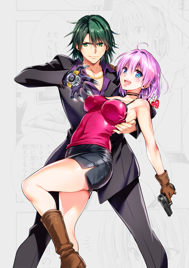 1boy 1girl :d ahoge bare_shoulders black_cat_(series) blue_eyes boots commentary_request eyelashes gloves green_eyes green_hair gun handgun happy jenos_hazard jewelry leather_skirt looking_at_viewer open_mouth paneled_background pink_hair pistol rinslet_walker skirt smile standing weapon yabuki_kentarou