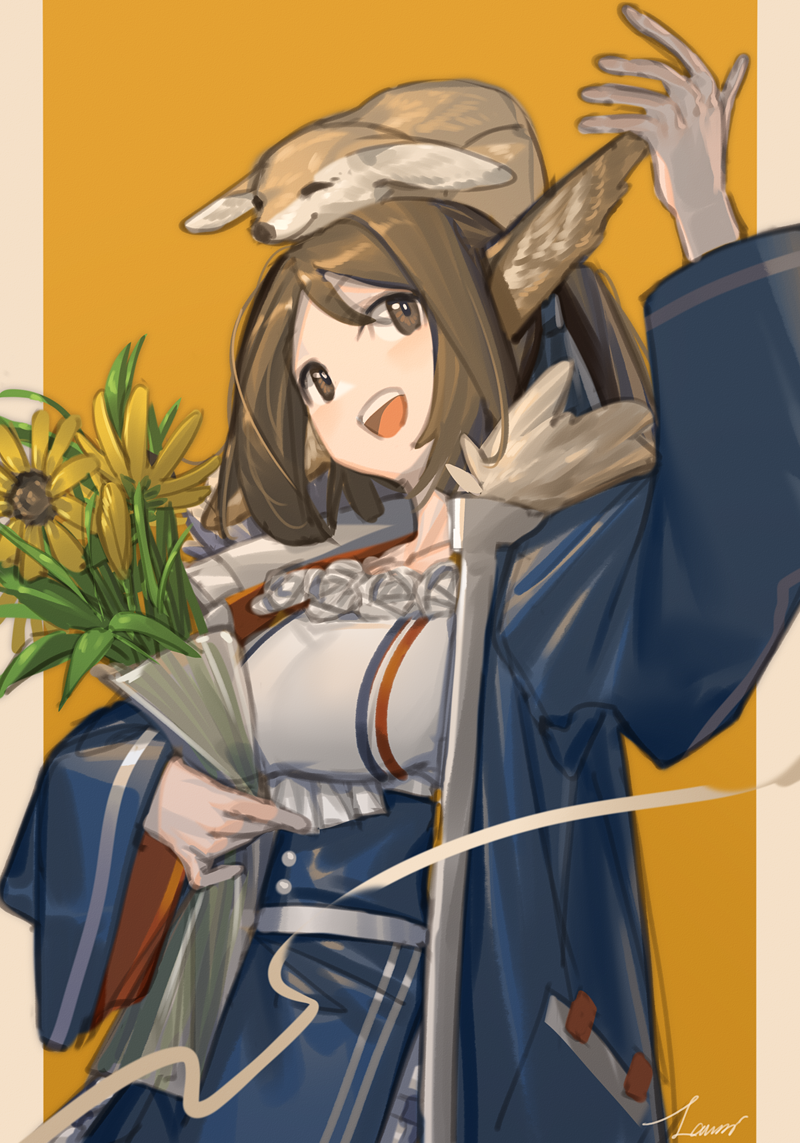 1girl :d animal_ears animal_on_head arknights blue_coat blue_skirt bouquet brown_hair coat collarbone fennec_fox flower fox_ears holding holding_bouquet lanzi_(415460661) long_hair on_head open_clothes open_coat open_mouth perfumer_(arknights) ponytail shirt signature sketch skirt smile solo teeth upper_body upper_teeth white_shirt yellow_background yellow_flower