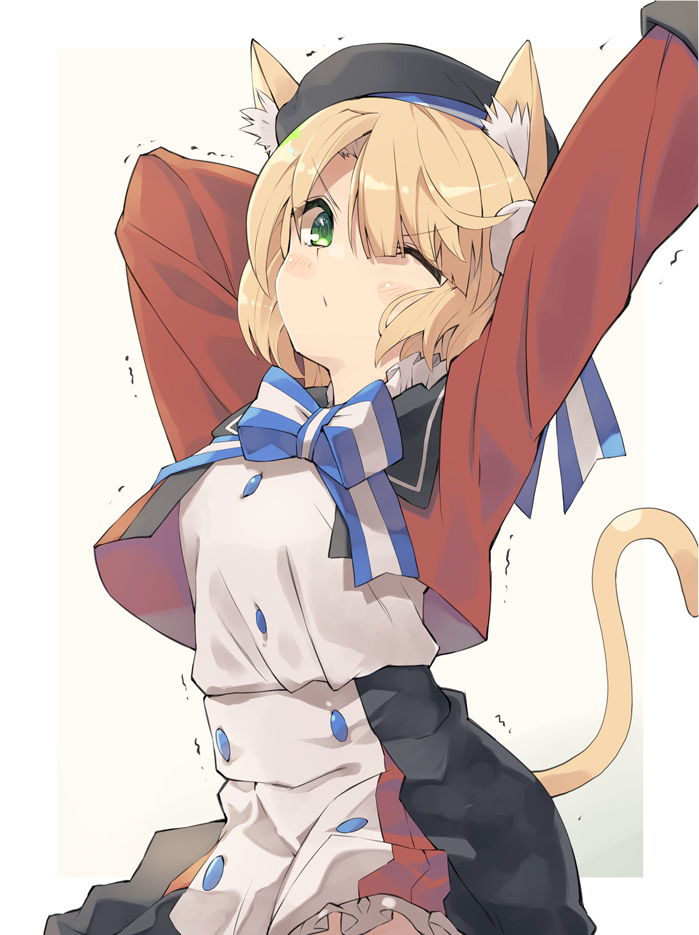 1girl animal_ear_fluff animal_ears arms_up bangs beret black_headwear black_skirt blonde_hair blush brown_jacket cat_ears cat_girl cat_tail closed_mouth commentary_request eyebrows_visible_through_hair frilled_skirt frills green_eyes hair_over_one_eye hat indie_virtual_youtuber jacket long_sleeves looking_at_viewer one_eye_closed open_clothes open_jacket shigure_ui_(vtuber) shirt skirt solo stretch tail tail_raised taker_(flamestorm) trembling v-shaped_eyebrows virtual_youtuber white_shirt