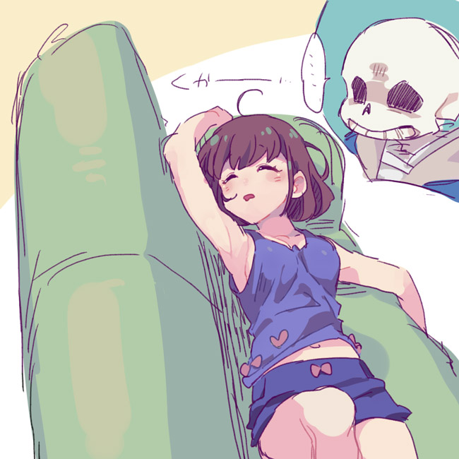 ... bangs bare_shoulders bow_shirt brown_hair closed_eyes couch frisk_(undertale) lying open_mouth purple_shirt purple_shorts sans shirt short_hair short_shorts shorts skeleton sleeping sleeveless speech_bubble tenya_mizuki undertale white_background