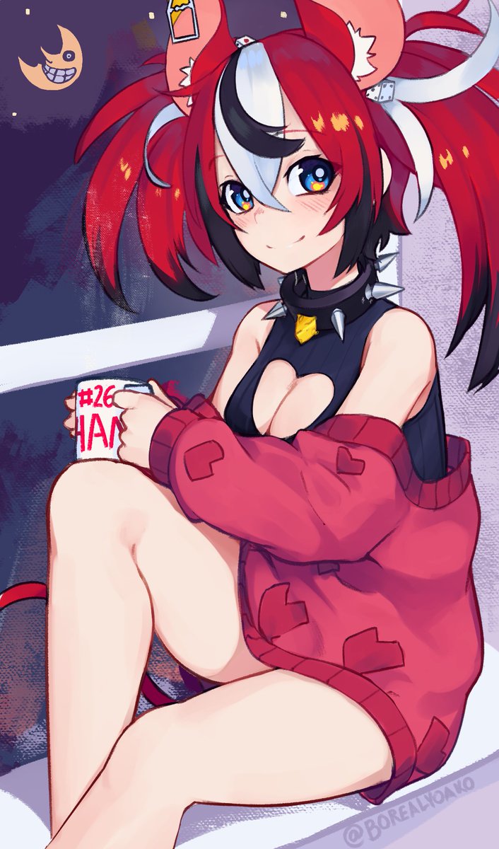 1girl animal_ear_fluff animal_ears bangs bare_legs bare_shoulders black_hair blue_eyes blush cleavage_cutout clothing_cutout collar commentary crescent_moon cup dice_hair_ornament earclip english_commentary hair_between_eyes hair_ornament hakos_baelz heart heart_print highres holding holding_cup hololive hololive_english long_hair long_sleeves looking_at_viewer moon mouse_ears mug mug_writing multicolored_hair night redhead sitting smile solo spiked_collar spikes split_mouth streaked_hair twintails twitter_username virtual_youtuber white_hair window yoako