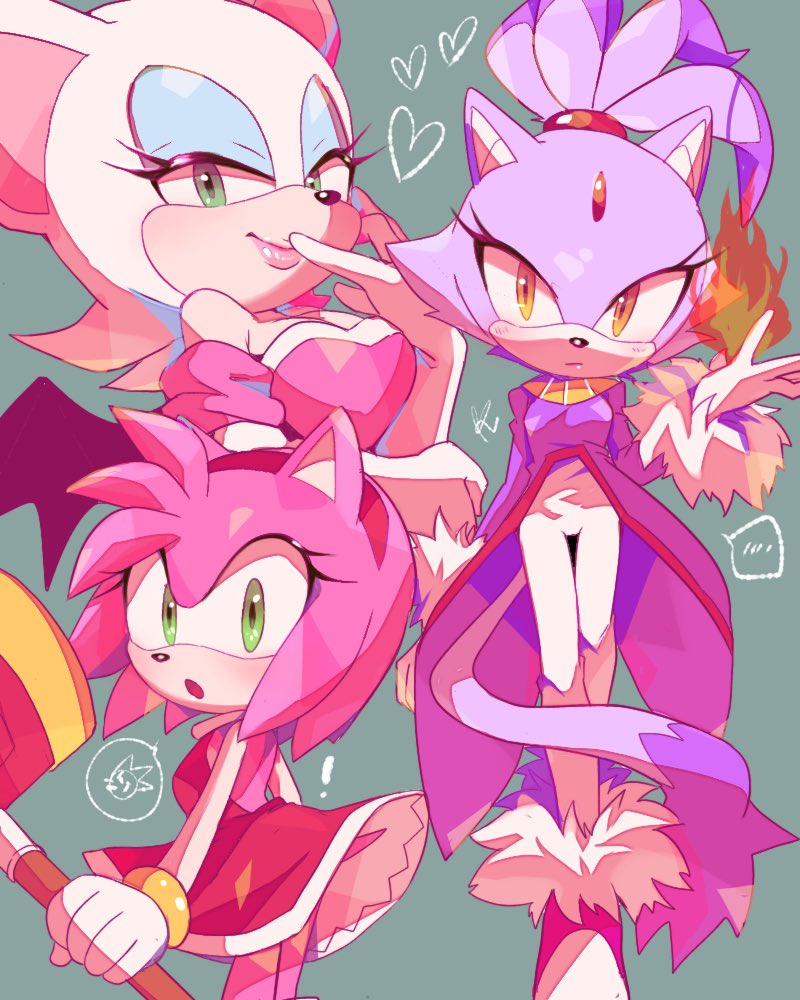 3girls :o amy_rose blaze_the_cat breasts closed_mouth dress elbow_gloves fire furry furry_female gloves green_eyes hairband hammer heart holding holding_hammer looking_at_viewer misuta710 multiple_girls open_mouth orange_eyes red_dress red_hairband rouge_the_bat sonic_(series) standing tail white_gloves