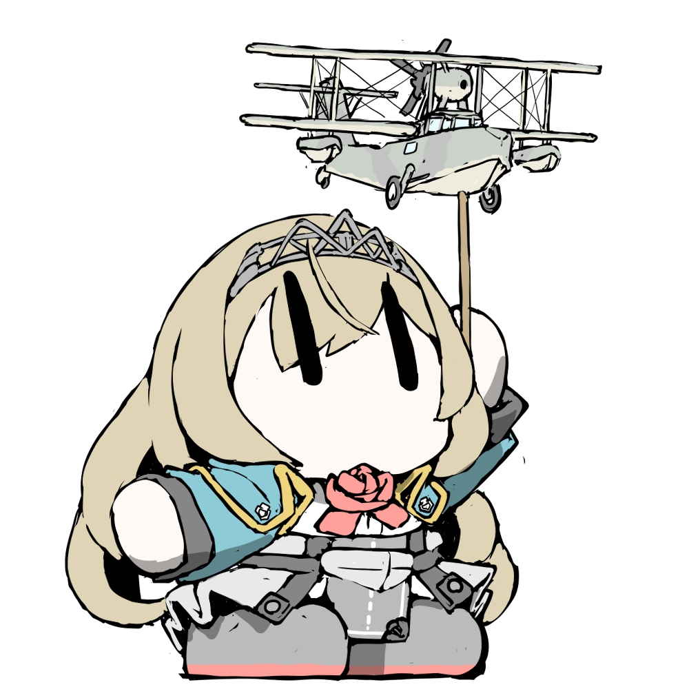 1girl aircraft airplane black_footwear blonde_hair boots chibi commentary_request corset cropped_jacket dress_shirt flower green_jacket holding jacket kantai_collection long_hair looking_up military military_uniform military_vehicle no_mouth rose shirt simple_background skirt solo stick task_(s_task80) tiara underskirt uniform victorious_(kancolle) white_background white_shirt white_skirt |_|