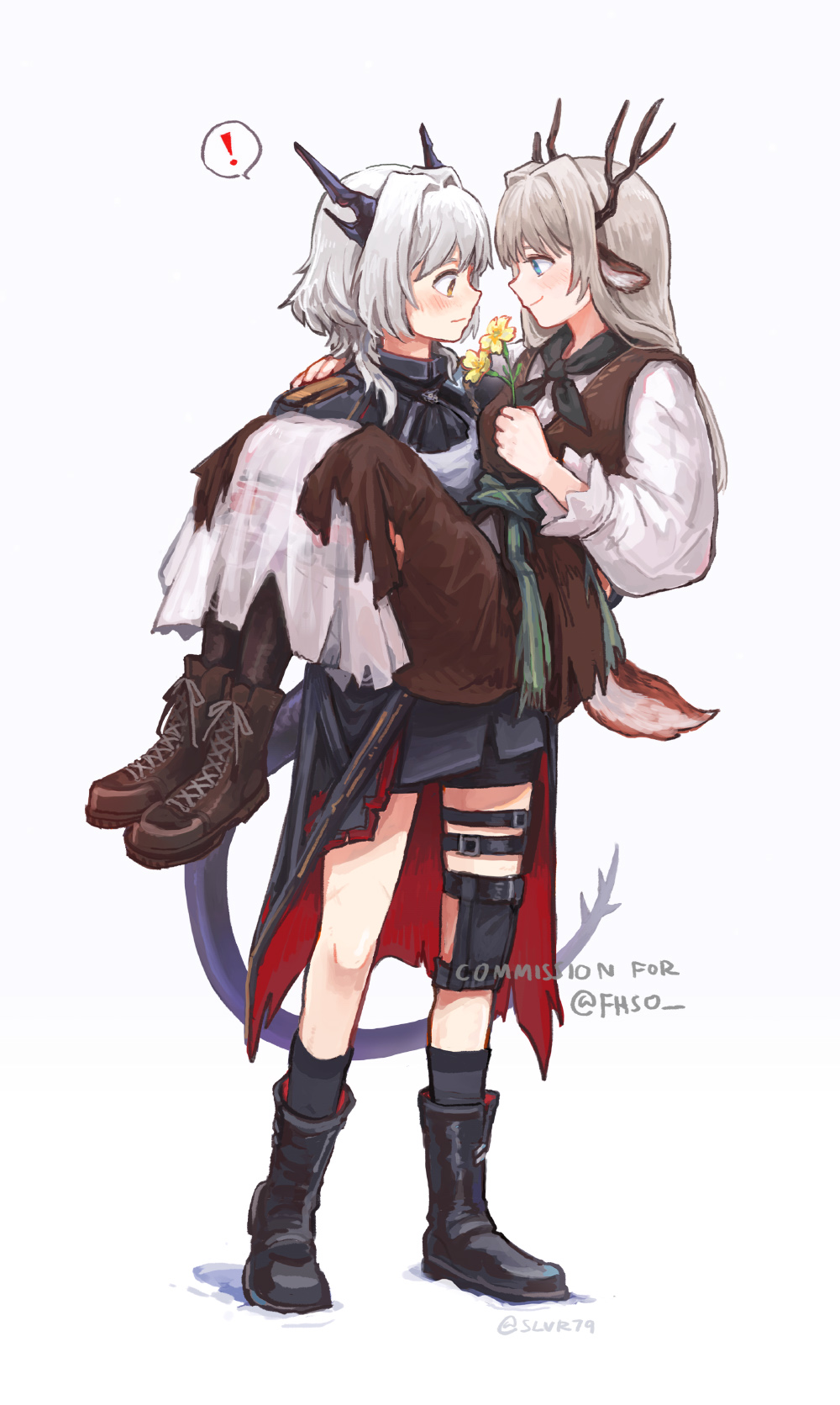 ! 2girls alina_(arknights) animal_ears arknights ascot black_ascot black_footwear black_legwear black_neckerchief black_shirt black_shorts black_skirt blue_eyes blush boots brown_footwear brown_hair brown_legwear carrying commentary commission deer_antlers deer_ears deer_girl deer_tail dragon_girl dragon_horns dragon_tail dress english_commentary flower full_body hair_intakes happy highres holding holding_flower horns knee_pads long_hair long_sleeves looking_at_another multiple_girls neckerchief official_alternate_costume princess_carry profile shirt shorts shorts_under_skirt silverxp single_knee_pad skirt smile socks speech_bubble spoken_exclamation_mark tail talulah_(arknights) thigh_strap twitter_username white_dress yellow_eyes yellow_flower yuri