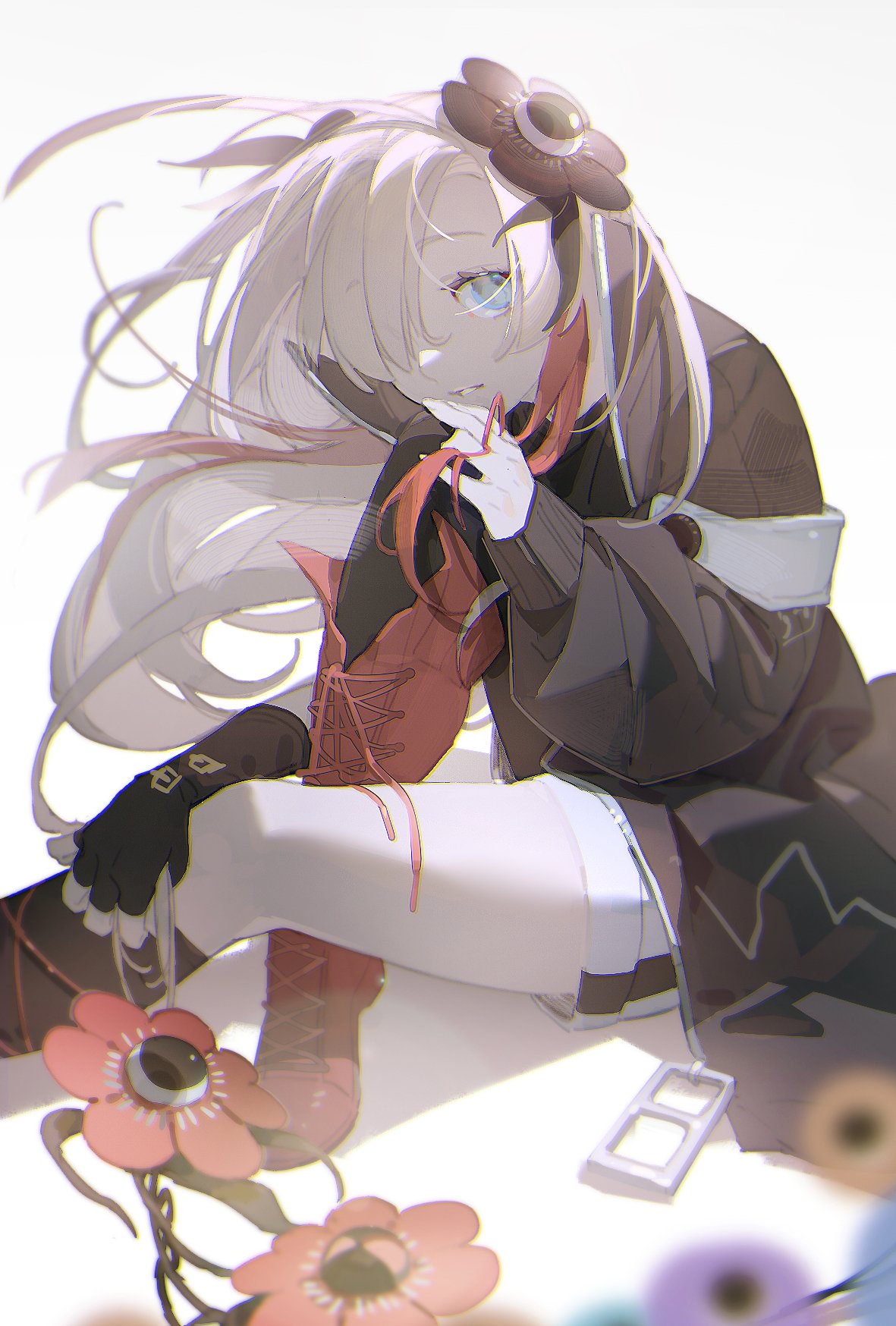 1girl asymmetrical_footwear asymmetrical_legwear asymmetrical_sleeves backlighting black_coat blue_eyes boots coat commentary_request creature cross-laced_footwear familiar fingerless_gloves floating_hair flower foot_out_of_frame gekichuu_youkai gloves hair_ornament hair_over_one_eye highres isekai_joucho kamitsubaki_studio knee_boots long_hair looking_at_viewer multicolored_hair open_clothes open_coat parted_lips red_footwear redhead shorts single_glove sitting solo two-tone_hair uneven_legwear uneven_sleeves virtual_youtuber white_background white_hair white_shorts