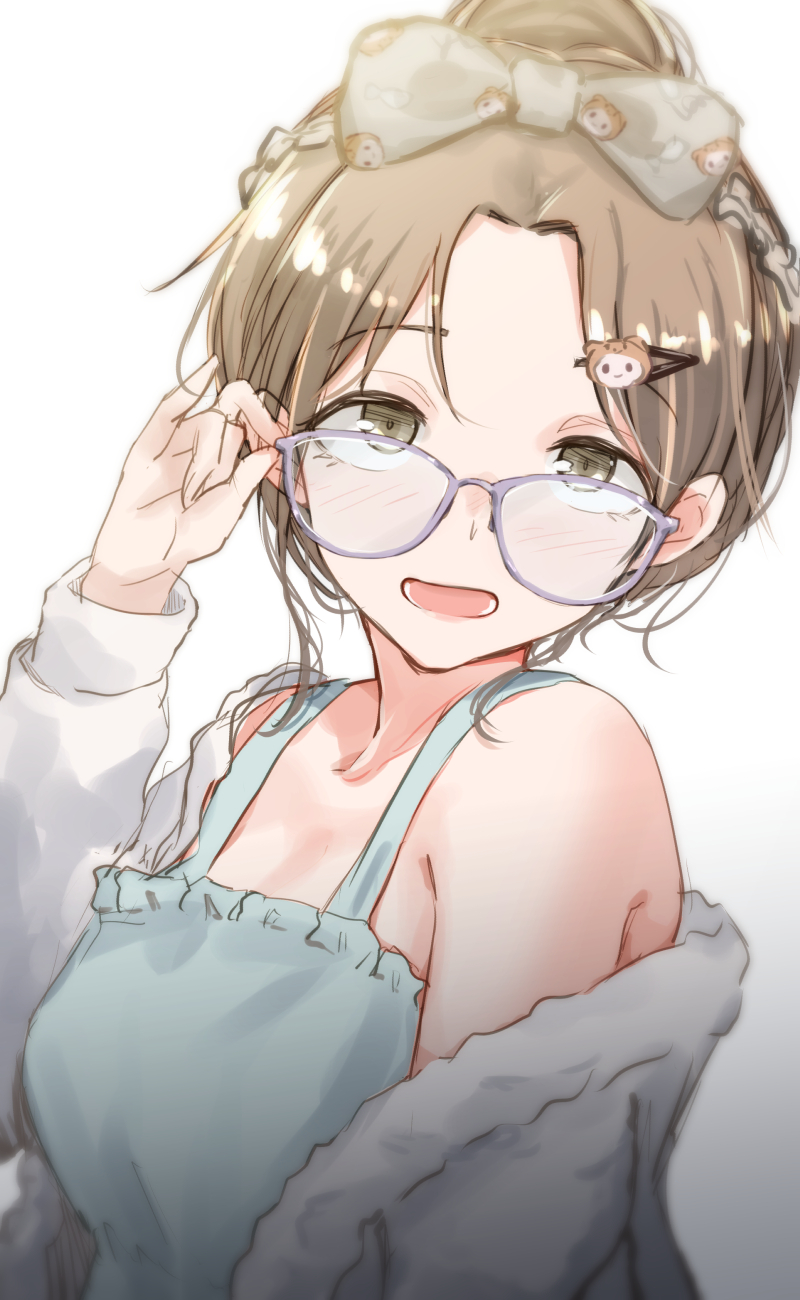 1girl :o bangs blush bow brown_hair dress glasses green_dress hair_bow hair_bun hair_ornament hairband hairclip highres holding holding_eyewear ichikawa_hinana idolmaster idolmaster_shiny_colors jacket jacket_partially_removed looking_at_viewer parted_bangs pinky_out simple_background sleeveless sleeveless_dress solo unu_(unucence) upper_body white_background white_jacket