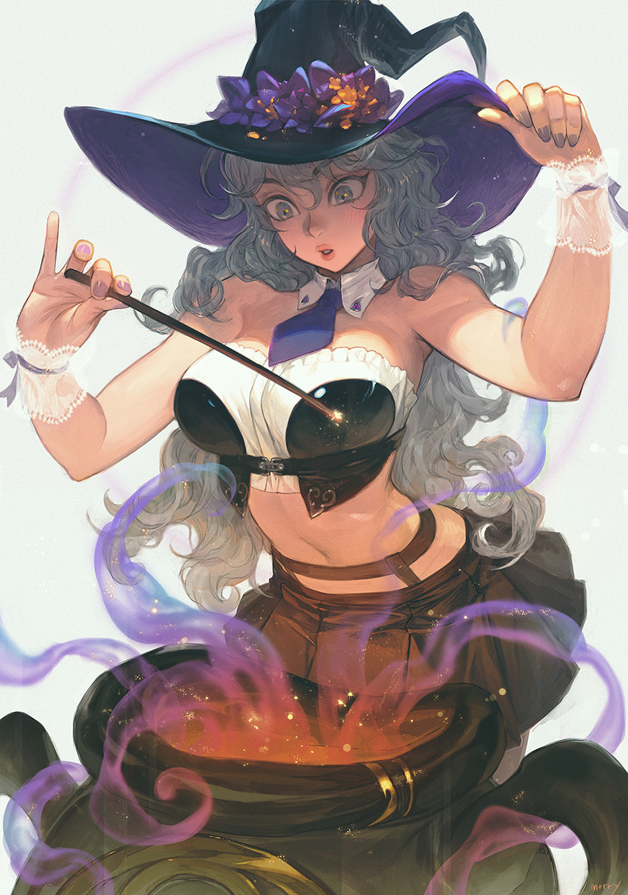 1girl arms_up black_skirt breasts cauldron curly_hair detached_collar grey_eyes grey_hair hat highres large_breasts looking_down magic midriff morry navel necktie original parted_lips pleated_skirt purple_nails short_necktie skirt solo symbol-only_commentary wand white_background witch witch_hat